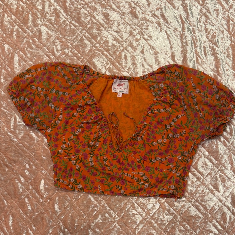 Banjanan Orange Floral Tie-Front Puff Sleeve Crop Top